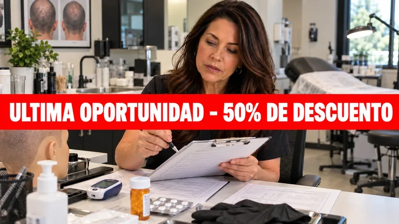Franja de 50% de descuento sobre foto de especialista de micropigmentación capilar revisando la ficha de anamnesis médica de una clienta